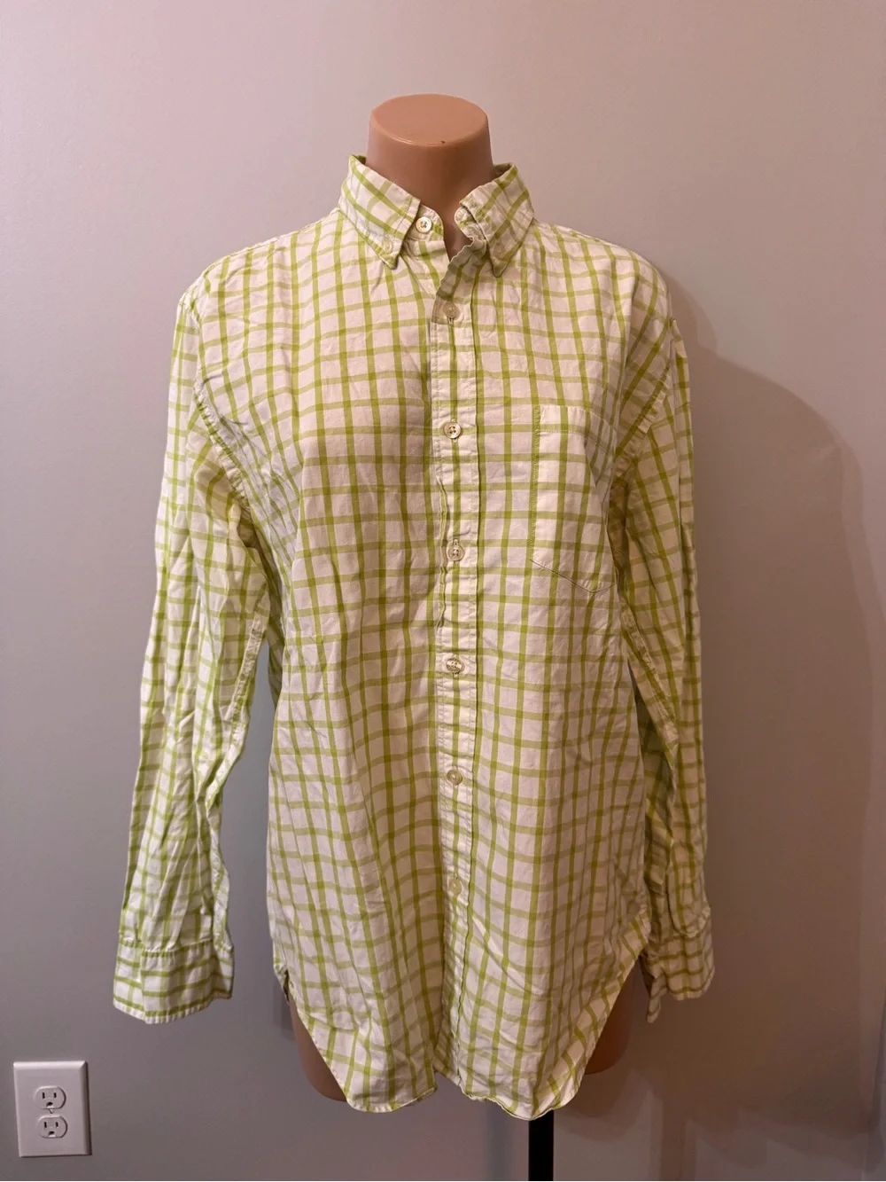J. Crew Woven Button Down Shirt Men’s Green Windowpane Check Cotton Medium